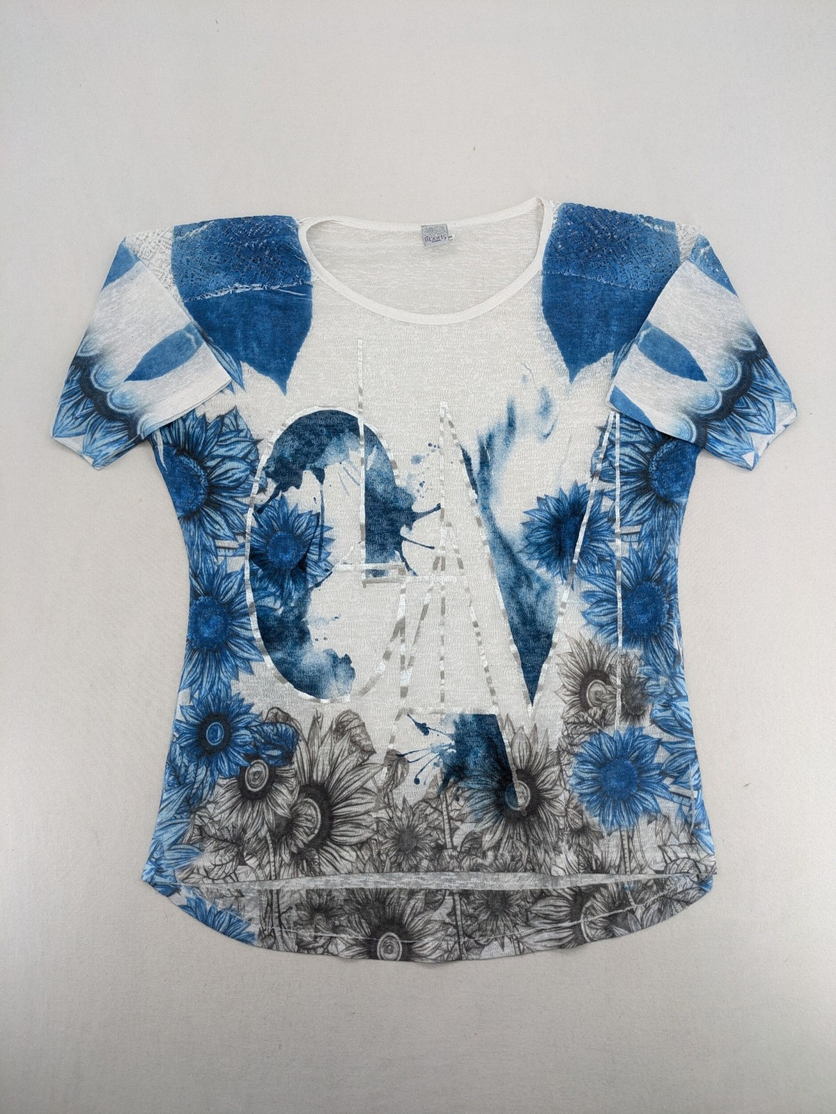 Liberty blue floral print top with metallic "LOVE" lettering, lightweight polyester material.
