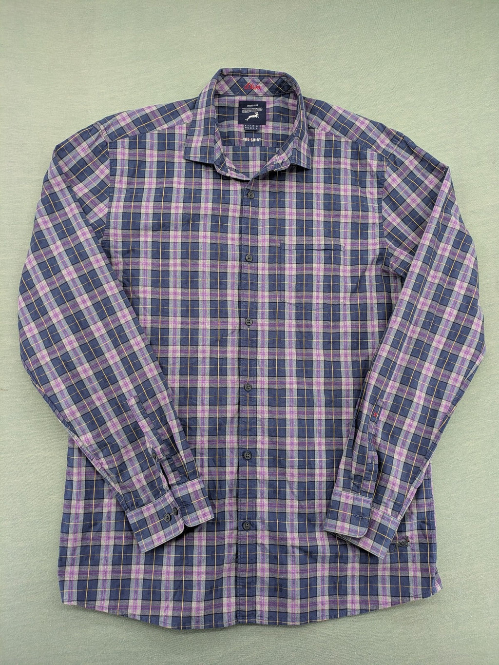 s.Oliver green long-sleeve shirt checked pattern with logo embroidery and chest pocket