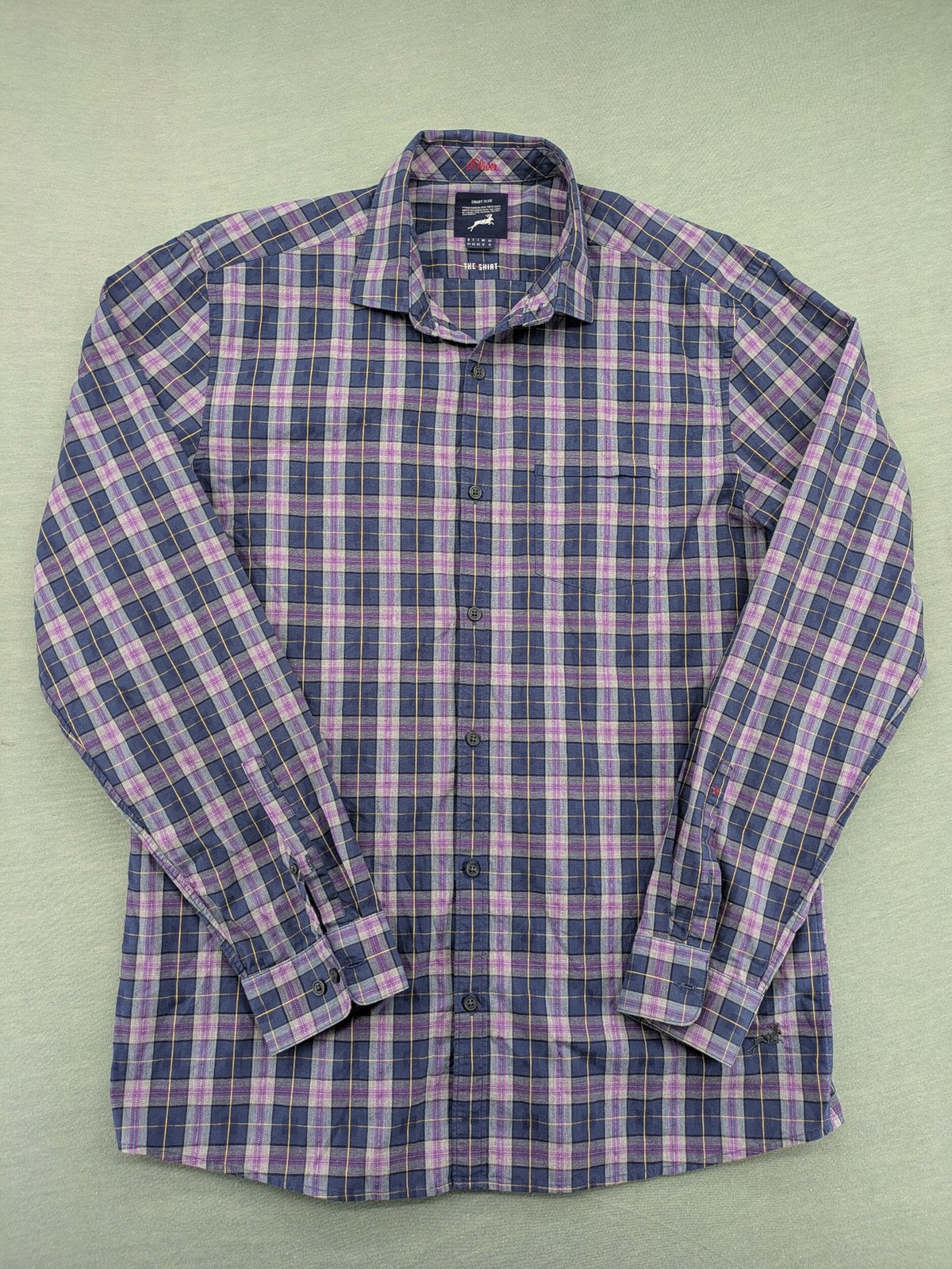 s.Oliver green long-sleeve shirt checked pattern with logo embroidery and chest pocket
