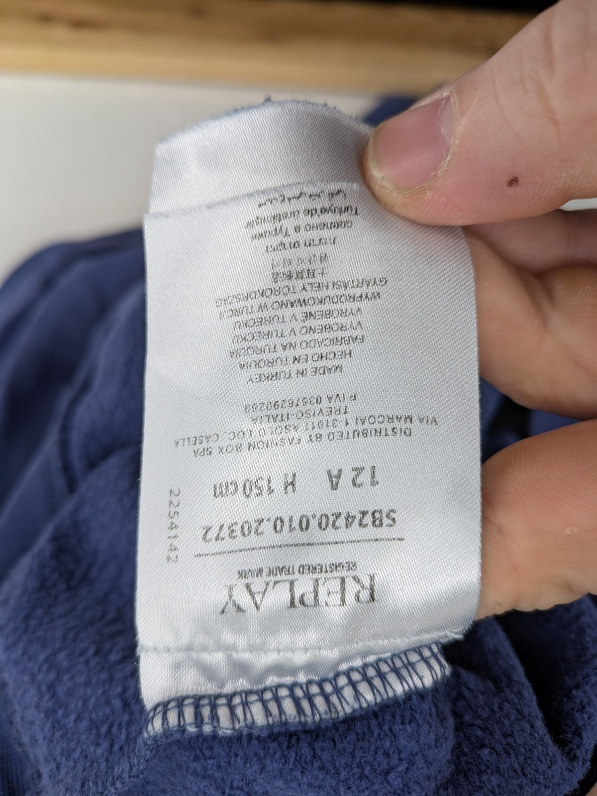 Replay blue turtle neck jumper with large logo print and kangaroo pocket, 100% cotton.