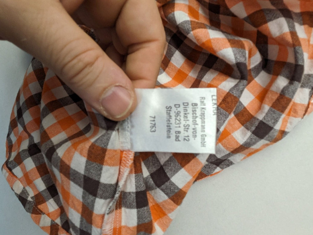 Country Life orange checkered shirt, 100% cotton, single chest pocket, button-down style.
