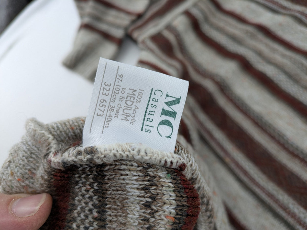 MC Casuals multi turtle neck jumper vintage striped pattern in brown and grey acrylic.