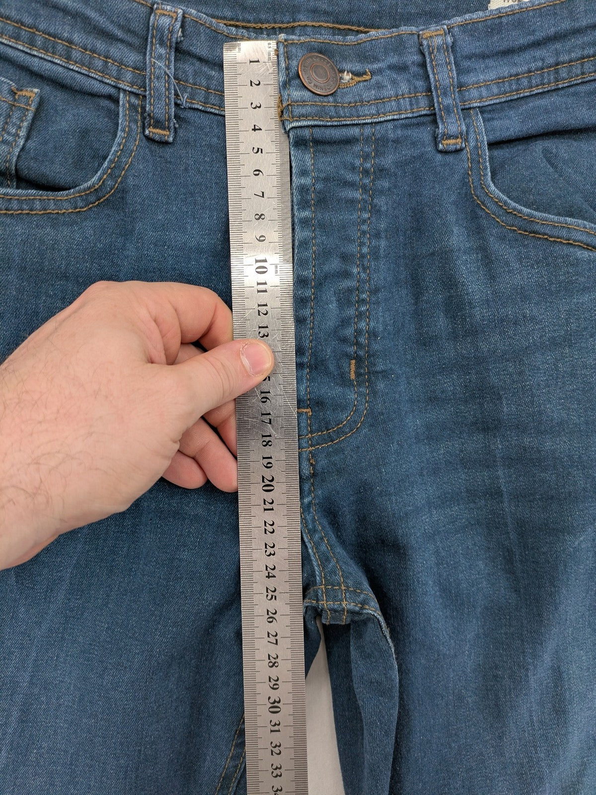 Denim & Co. blue straight fit jeans, classic 5-pocket design, button fly, cotton blend.