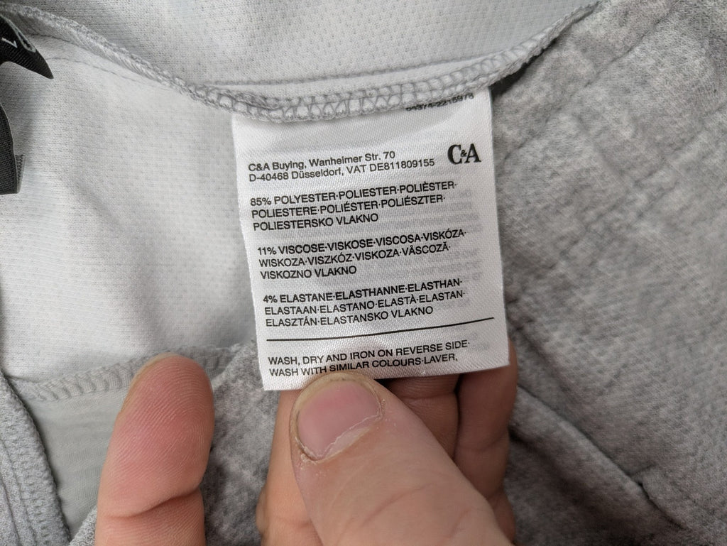 C&A grey sweatpants with elastic waistband, adjustable drawstring, and side pockets.
