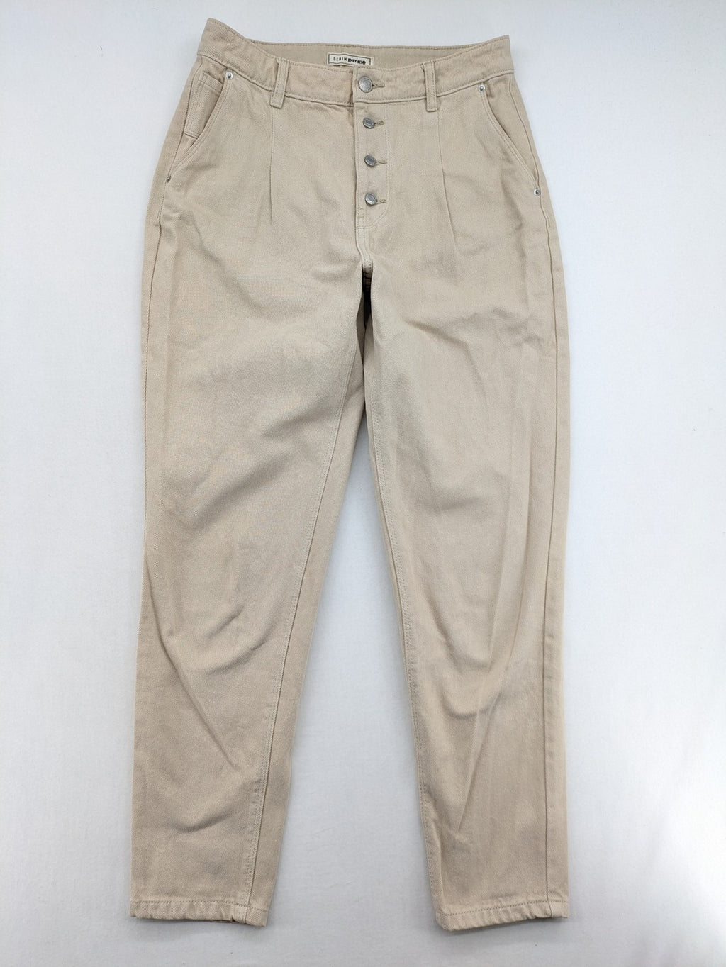Pimkie beige mom jeans high waist tapered fit with front button placket and cotton material.