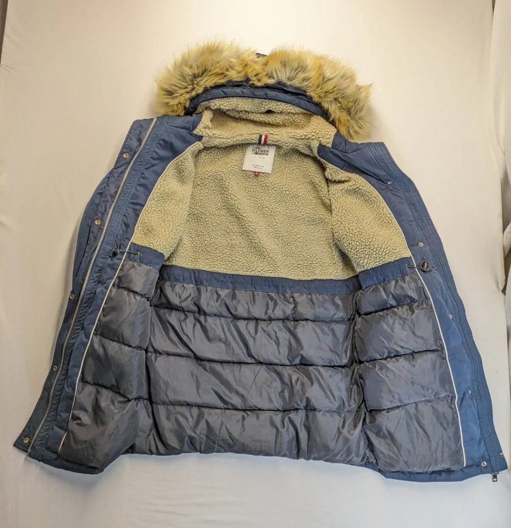 Tommy Hilfiger Denim blue parka coat with faux fur hood and Sherpa lining.