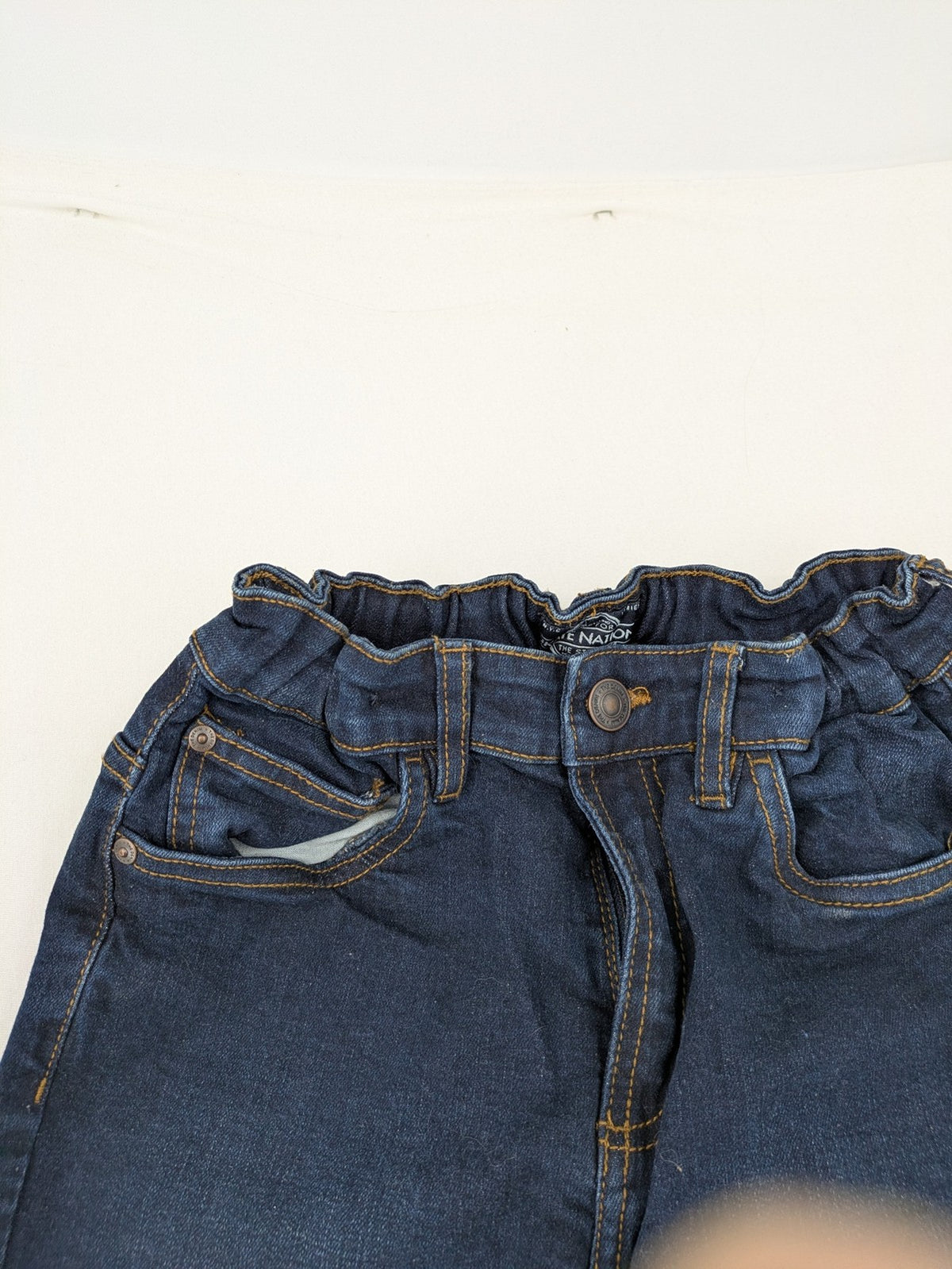 Skate Nation blue straight jeans 5-pocket design with adjustable waistband and dark wash.