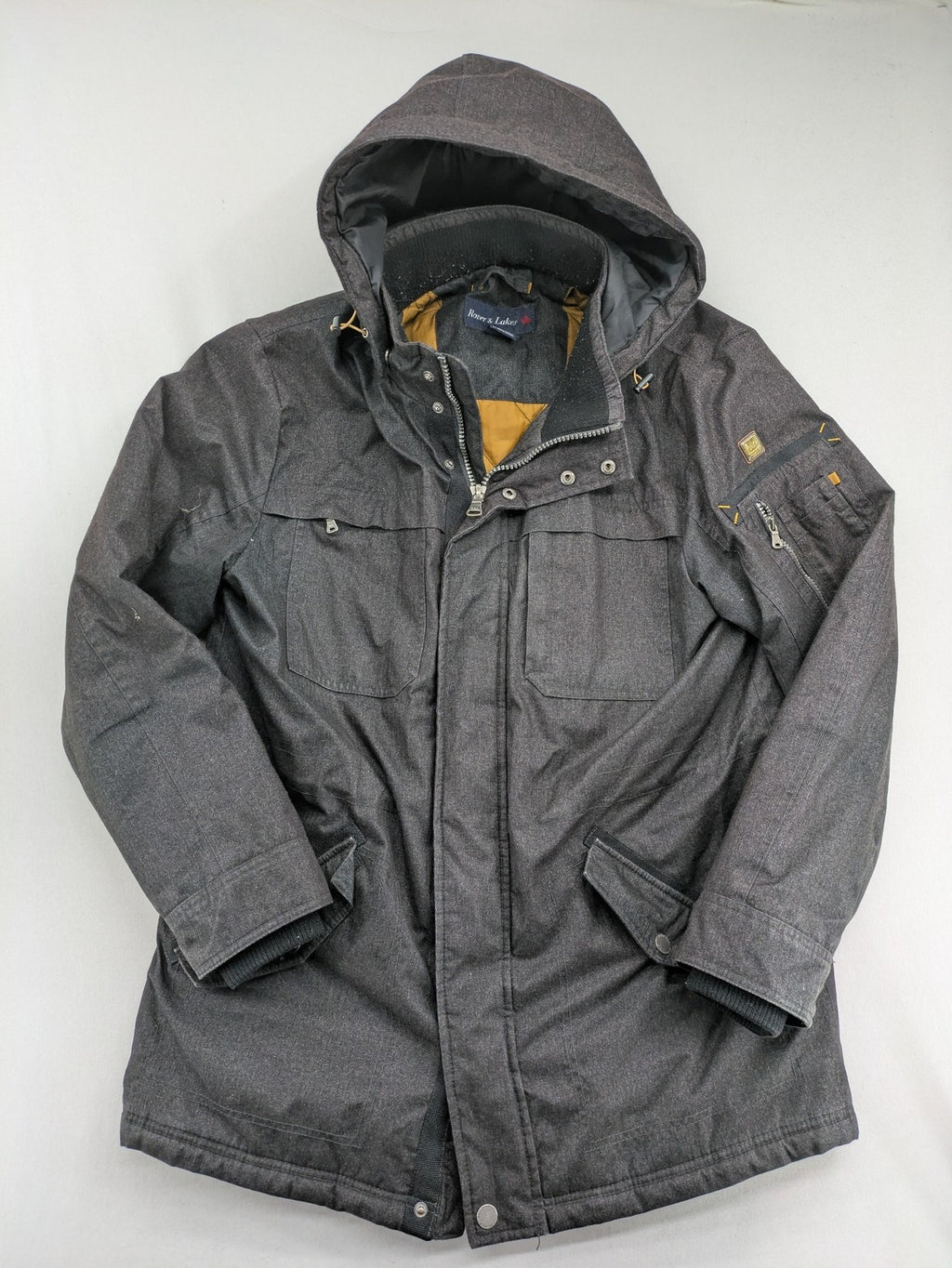 Rover & Lakes grey jacket with hood, quilted lining, and multiple pockets.