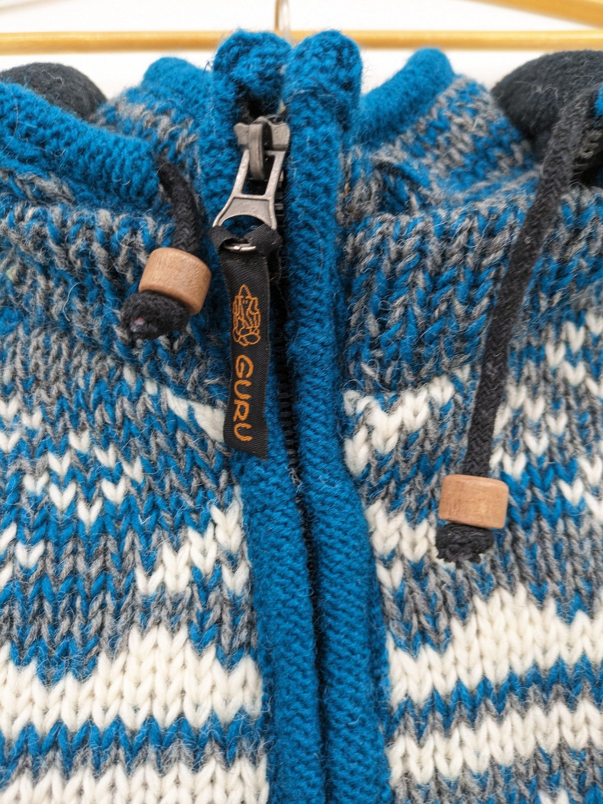 guru turtle neck jumper blue grey white fair isle pattern fleece lined zip design