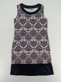 Montego pink sleeveless dress with paisley pattern and black hem, made of viscose.