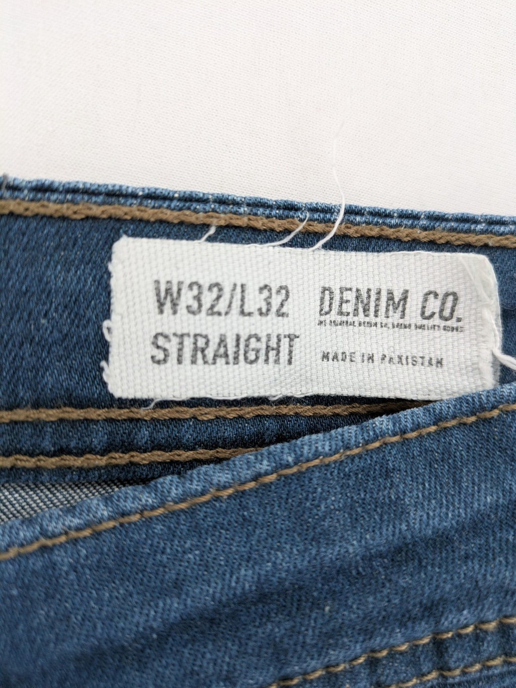Denim & Co. blue straight fit jeans, classic 5-pocket design, button fly, cotton blend.