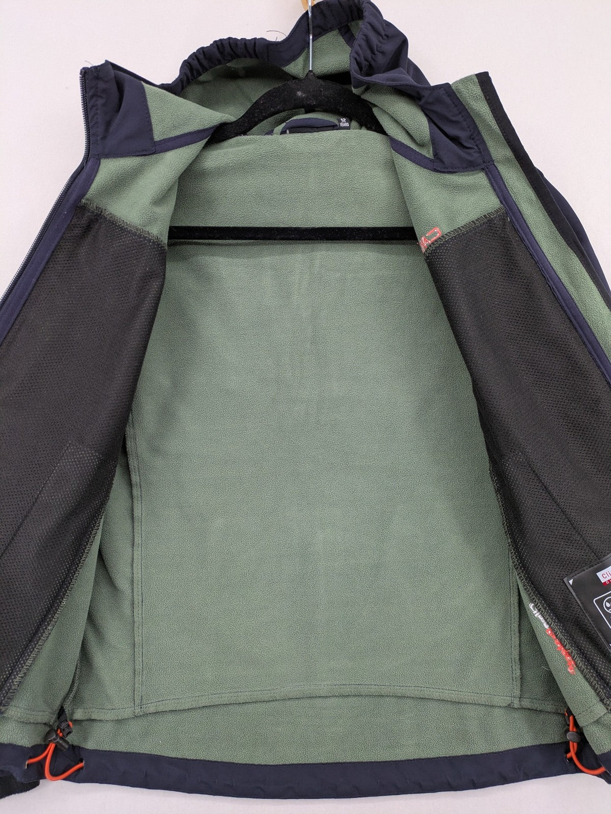 cmp green and navy softshell jacket with Clima Protect logo and fleece lining