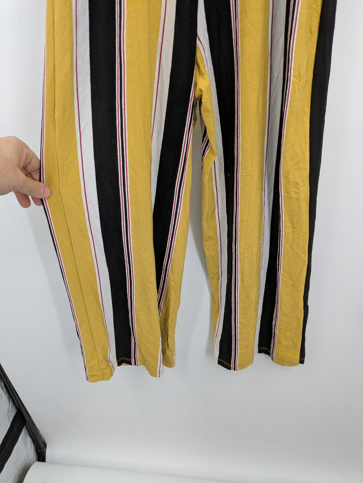 Bershka multi jumpsuit vertical striped pattern yellow, black, white, knot detail, cut-out waist.