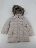 Brit Island beige puffer coat with fleece lining and faux fur hood detail.