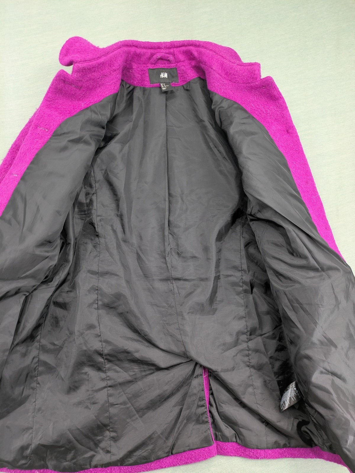 H&M purple coat classic collar vibrant fuchsia wool blend with button closure