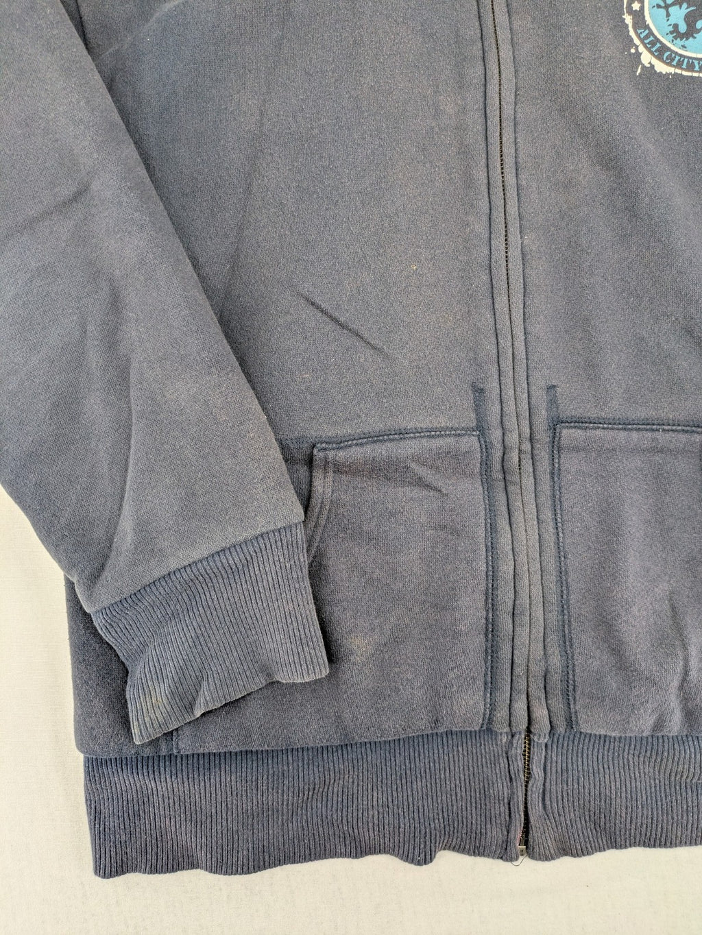Gap Kids blue and grey zip-up hoodie with "All City Crew" logo and Sherpa lining.