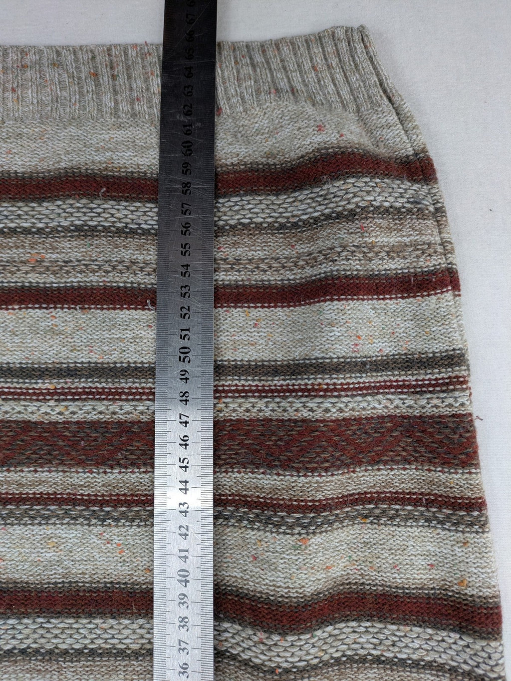 MC Casuals multi turtle neck jumper vintage striped pattern in brown and grey acrylic.