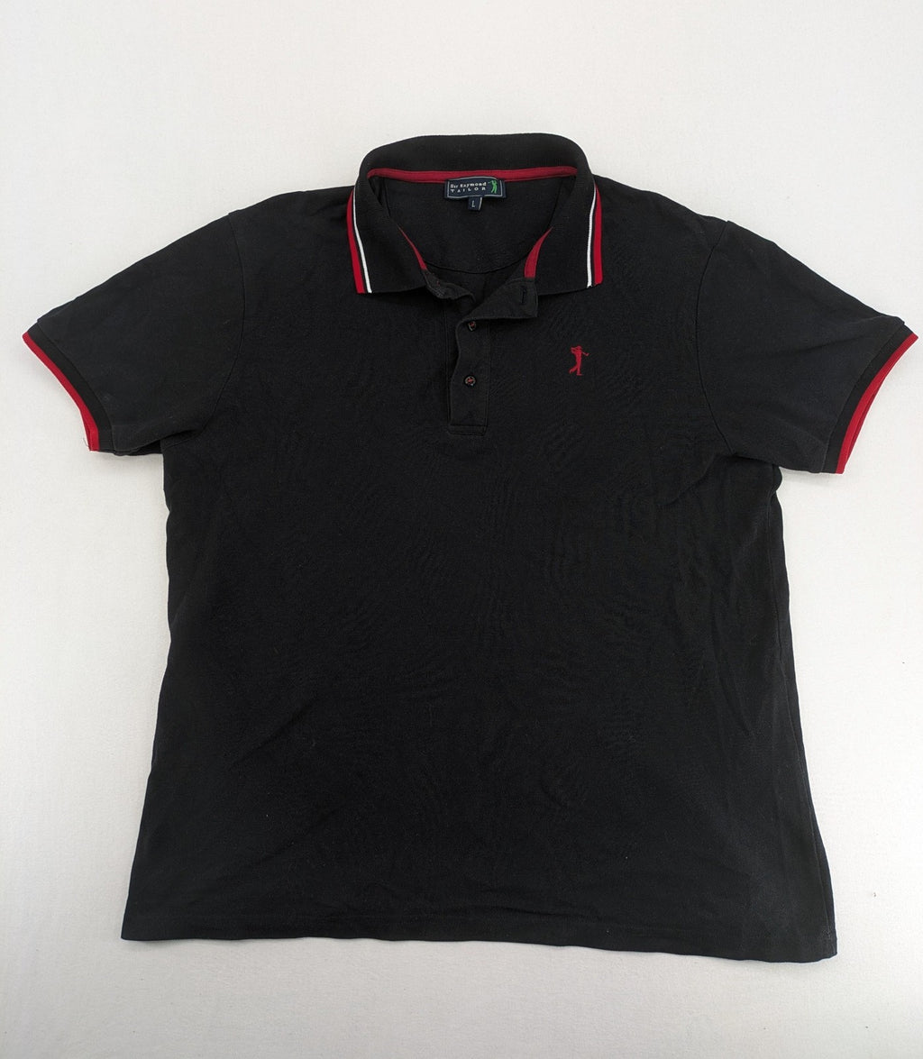 Sir Raymond Tailor black polo shirt with red and white striped collar, embroidered golfer logo.