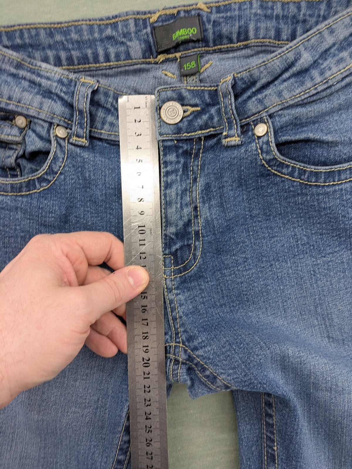 Bamboo blue straight jeans size 158, medium wash, classic 5-pocket style, stretch denim.