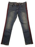 s.Oliver blue straight jeans with red and white side stripes, soft cotton blend material