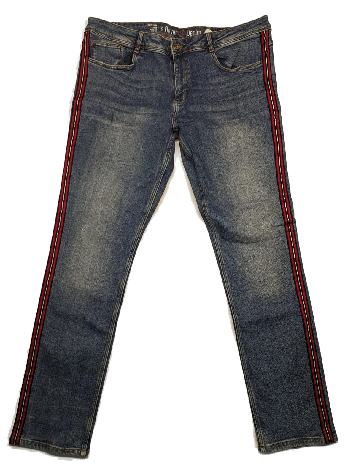 s.Oliver blue straight jeans with red and white side stripes, soft cotton blend material