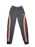 Adidas grey joggers with pink stripes and iconic logo on thigh.