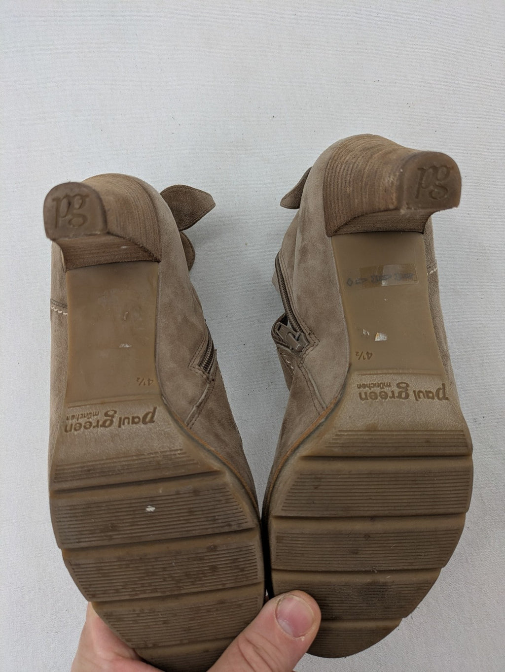 Paul Green taupe suede ankle boots with gathered front, peep toe, and block heel.