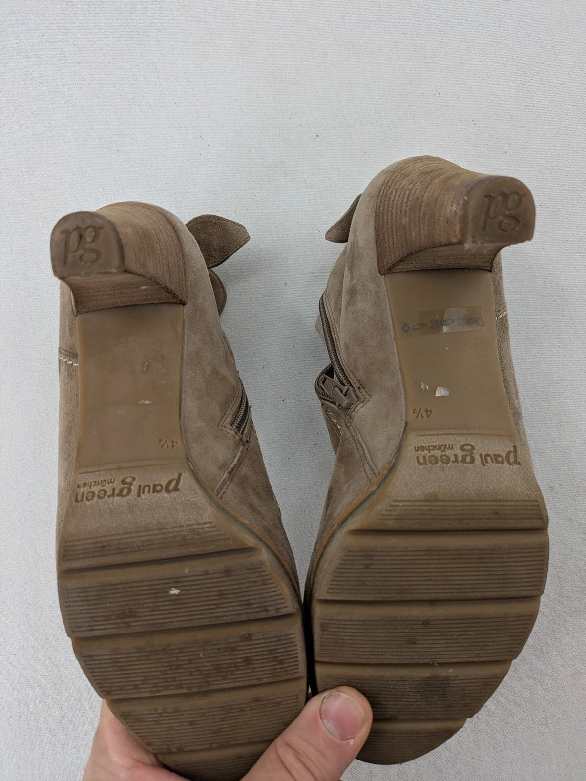 Paul Green taupe suede ankle boots with gathered front, peep toe, and block heel.