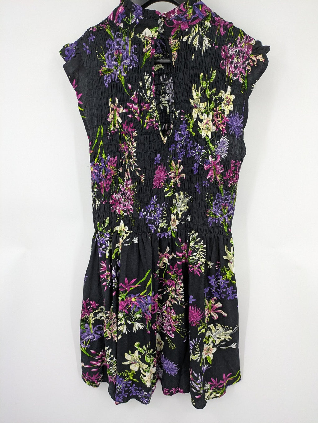 Bridal Party Dress multi floral pattern black background smocked bodice with stand-up collar