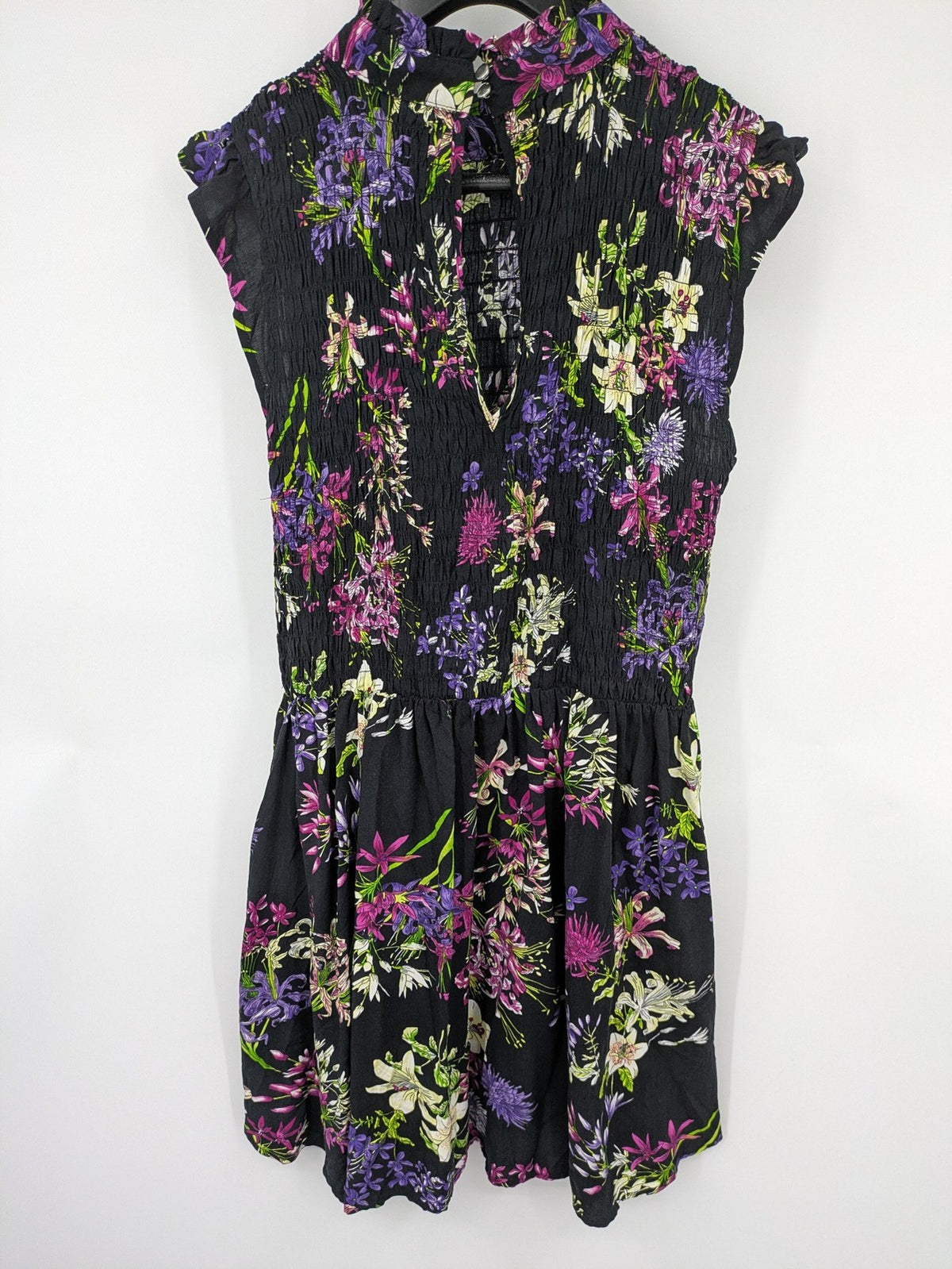 Bridal Party Dress multi floral pattern black background smocked bodice with stand-up collar