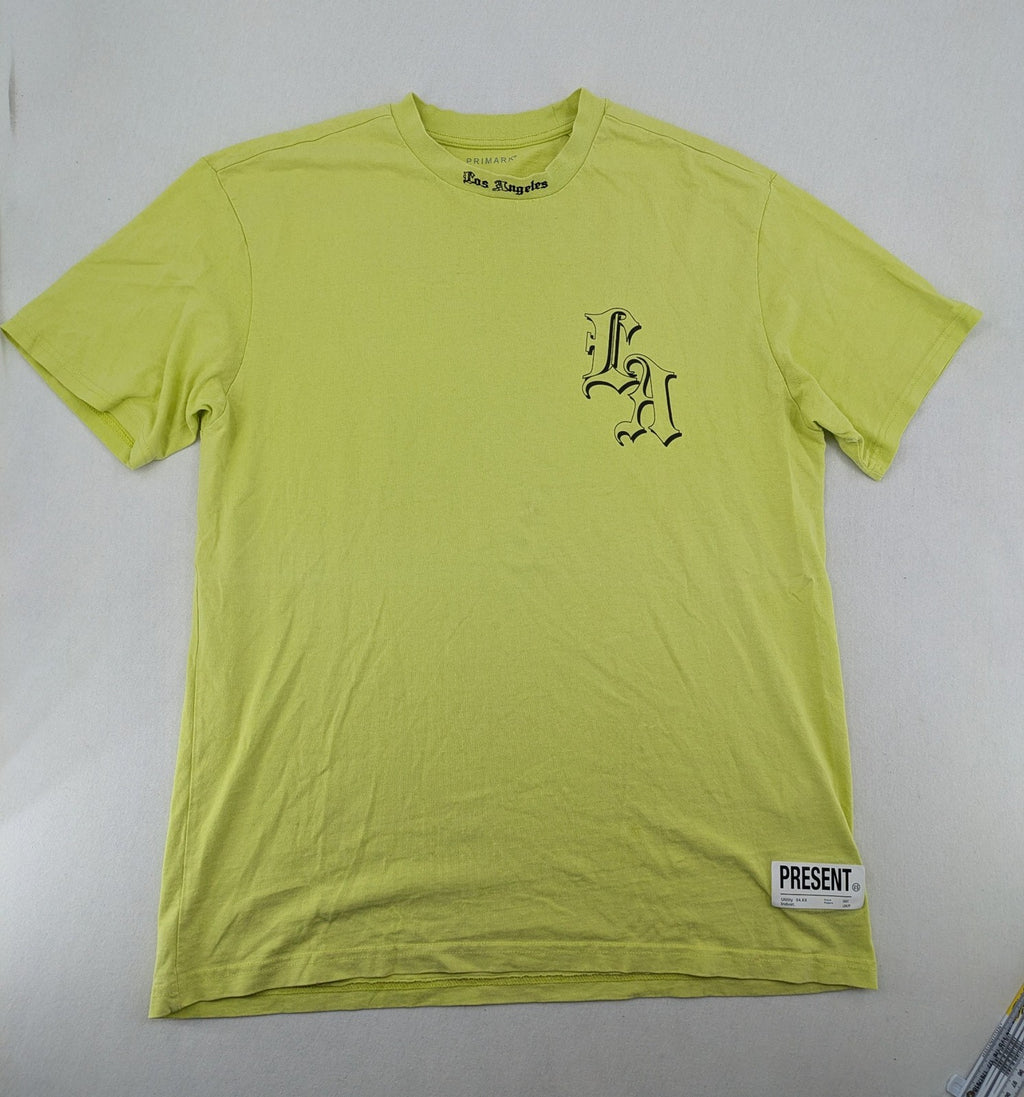 Primark yellow band t-shirt featuring Gothic LA graphic print and "PRESENT" patch.
