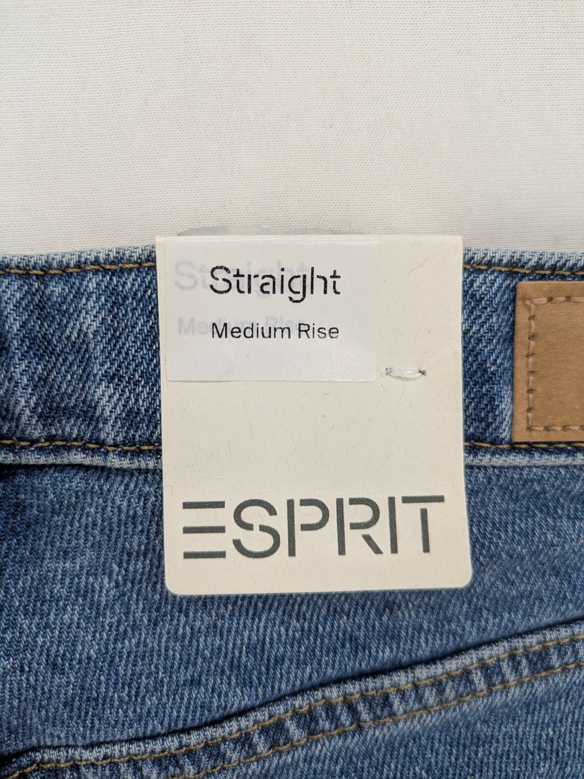 Esprit blue straight leg jeans medium rise with washed finish and cotton-stretch blend.