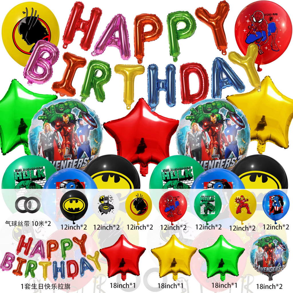 Avengers multi birthday decoration set featuring Spiderman, Hulk, and Batman designs.