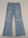 Laulia blue wide leg jeans with distressed knee rips and high waist design.