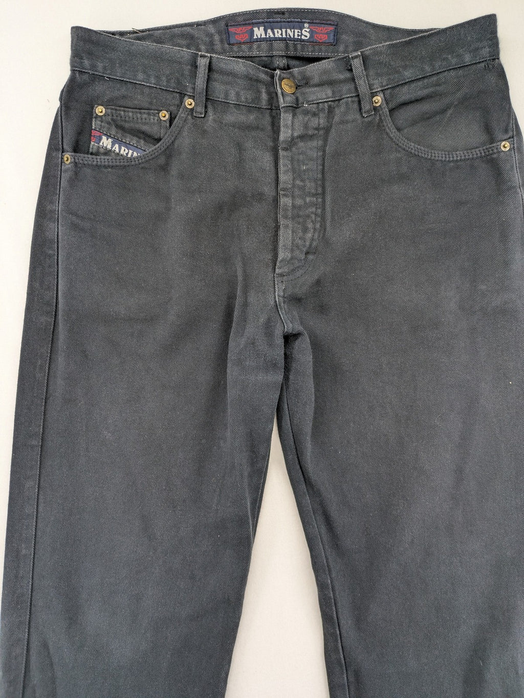 Marines blue straight jeans regular fit with button fly and logo patch detail.