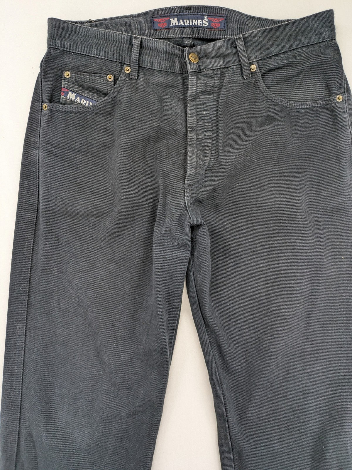 Marines blue straight jeans regular fit with button fly and logo patch detail.