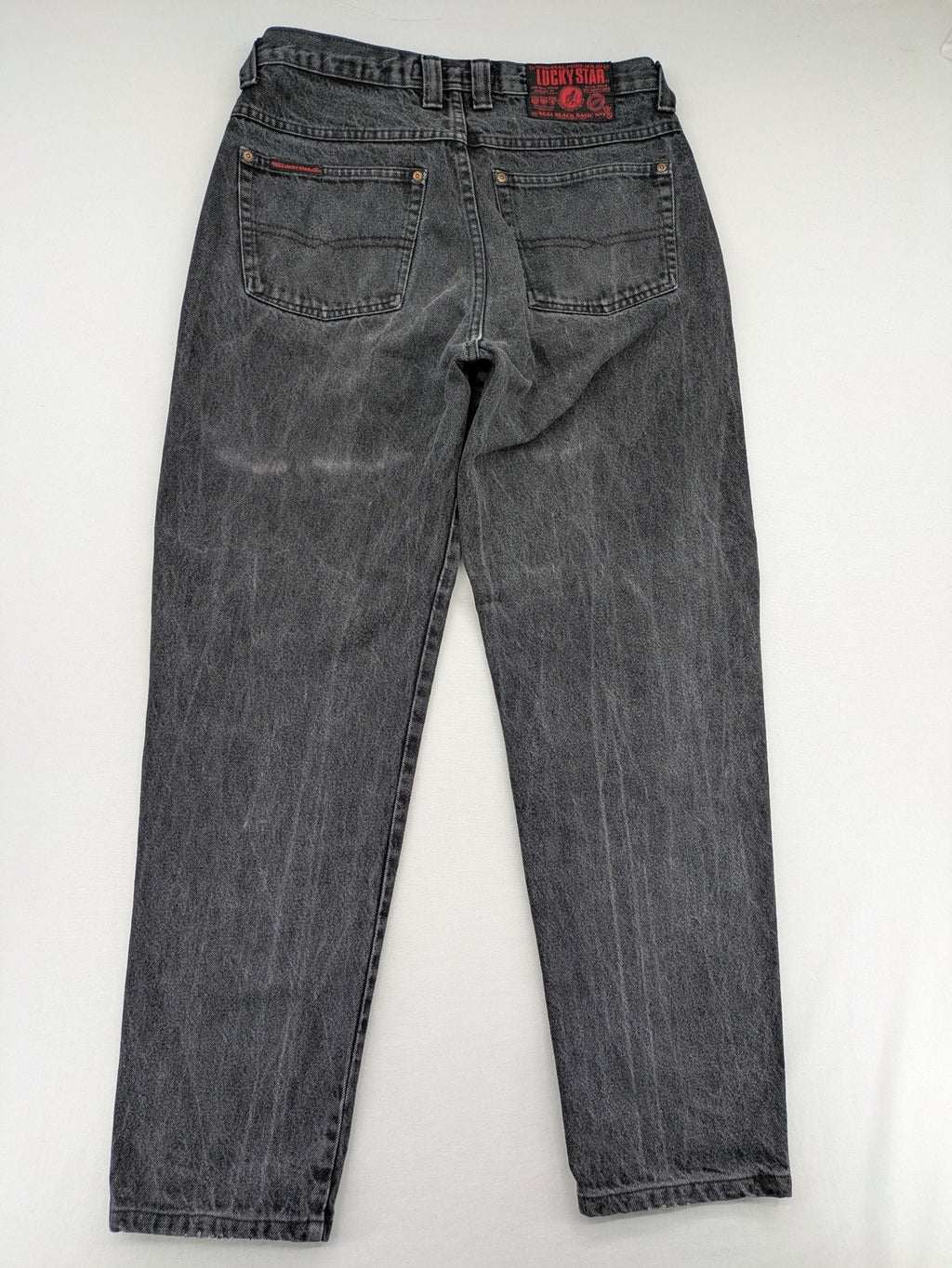 Lucky Star grey tapered high waist jeans with faded wash and red logo details.
