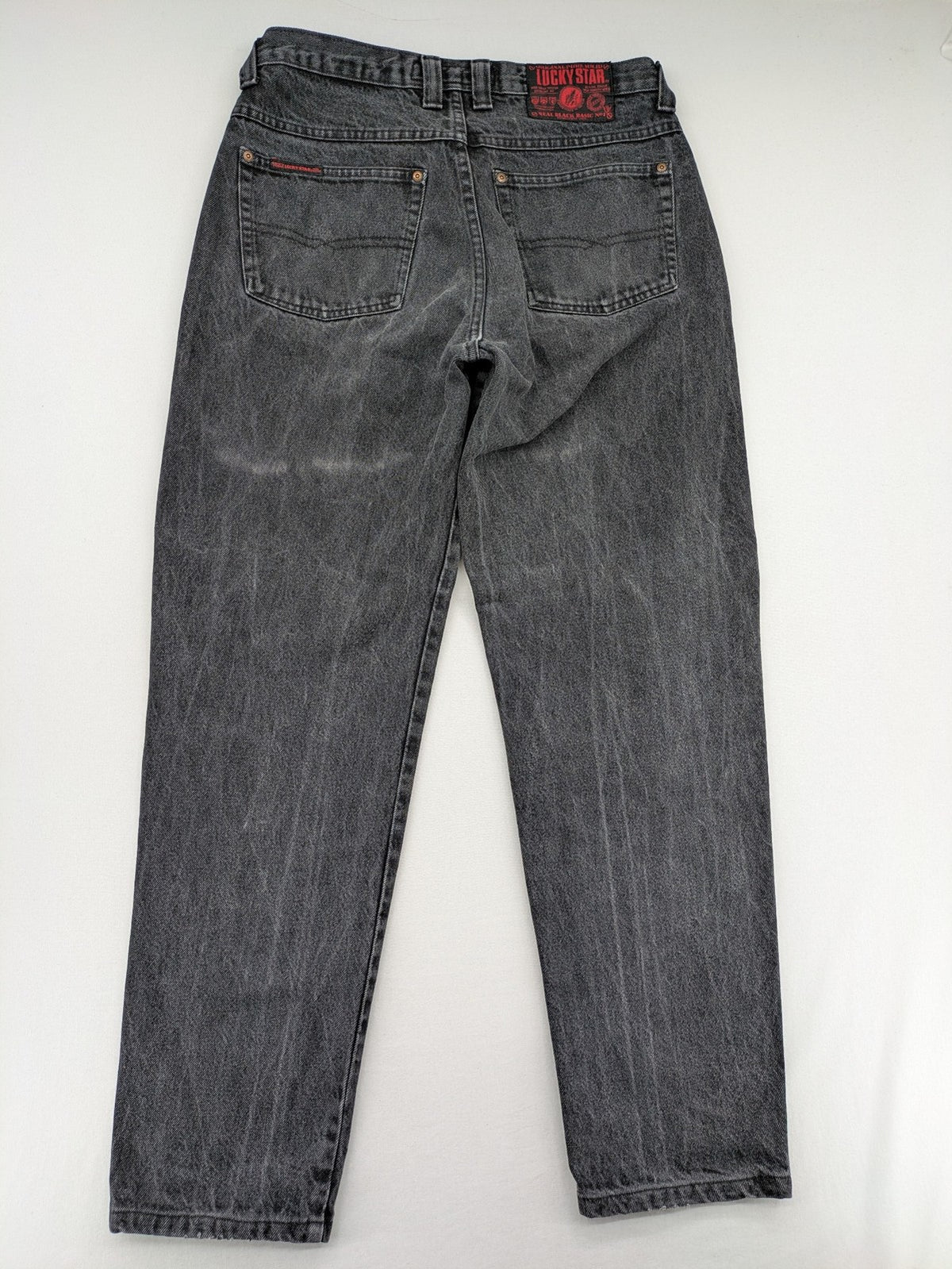 Lucky Star grey tapered high waist jeans with faded wash and red logo details.
