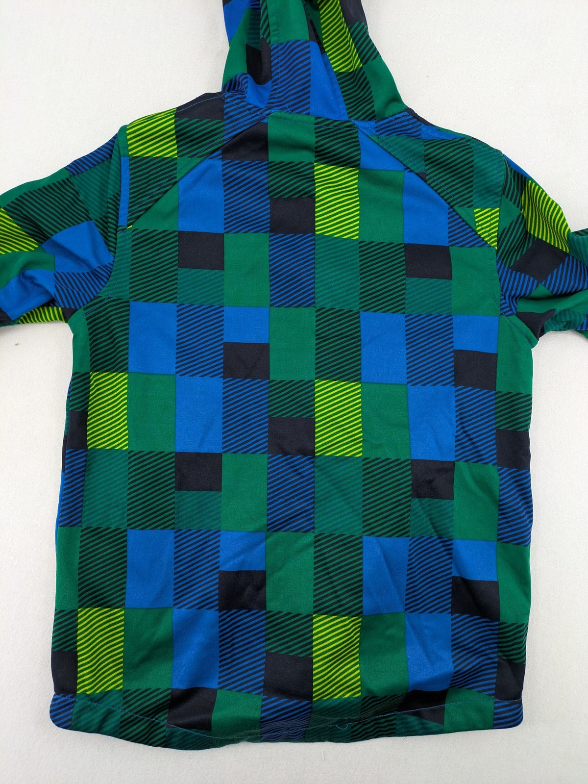 Pepperts multi softshell jacket plaid pattern blue green black, fleece lined, hooded.