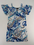 Atmosphere orange summer dress with colorful paisley pattern and cold shoulder design.