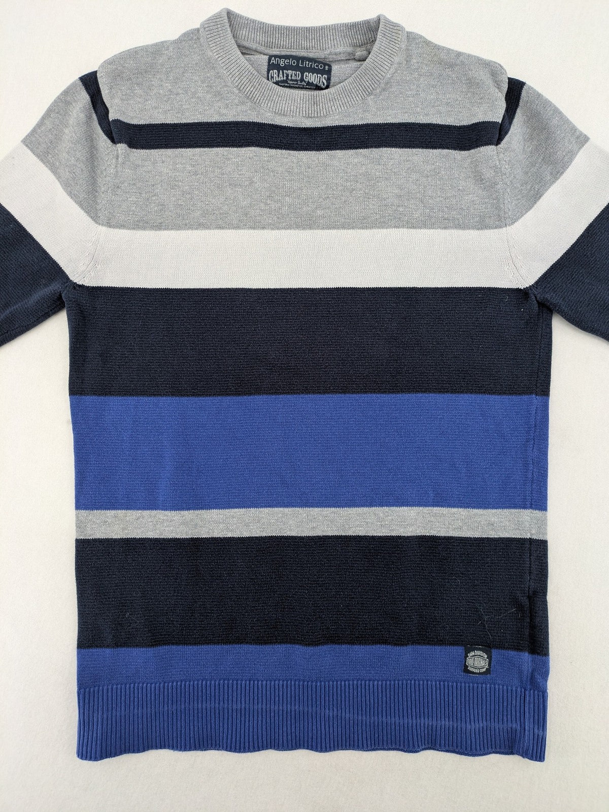 Angelo Litrico navy knit jumper striped pattern in blue, grey, and white, cotton material.