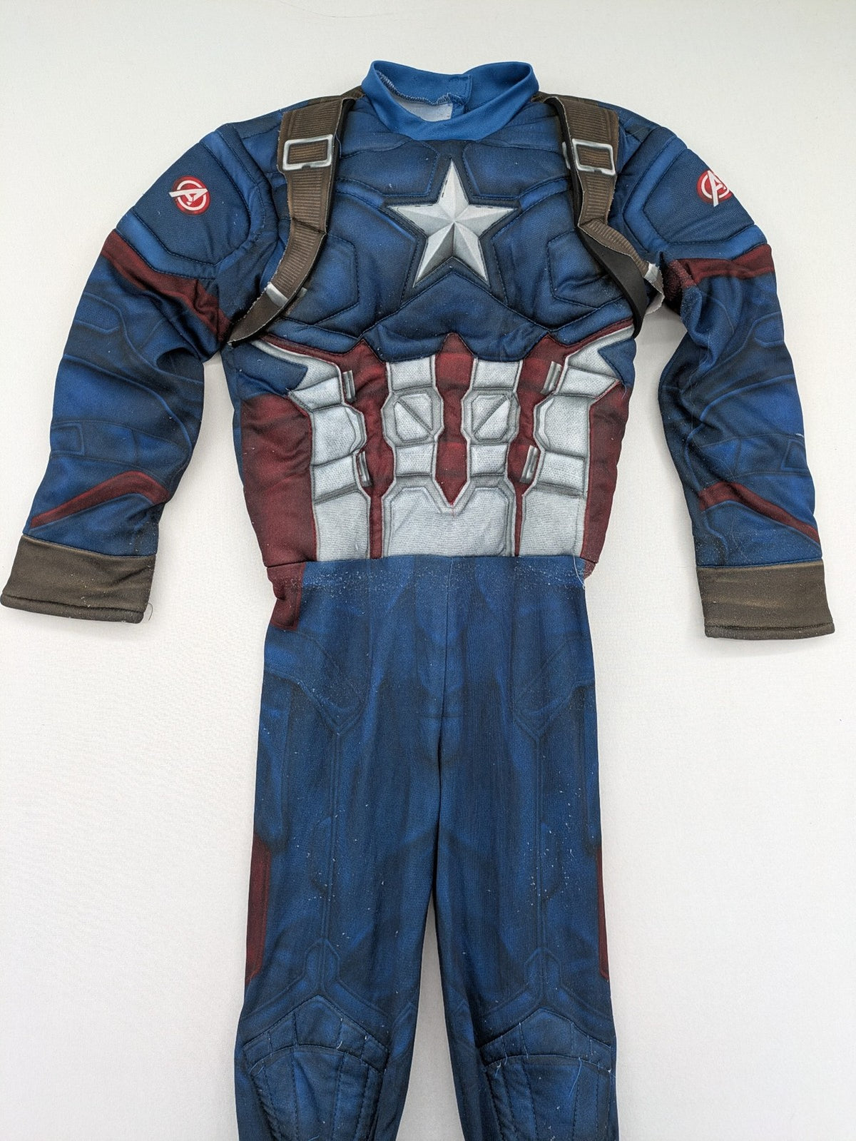 Captain America costume multi-coloured with padded muscle chest and shoulder details.