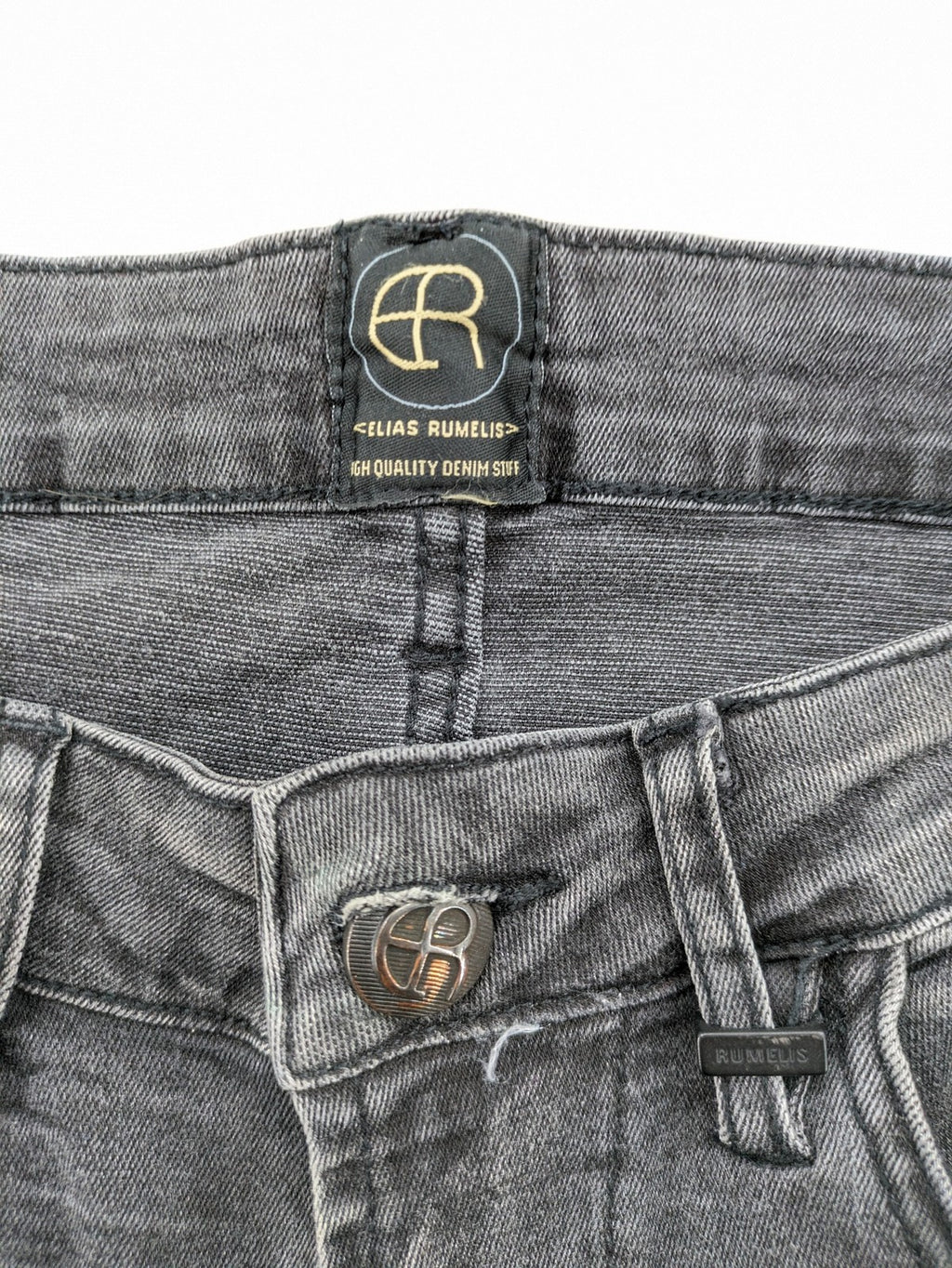 Elias Rumelis grey super slim fit jeans with stitched logo and subtle used look.