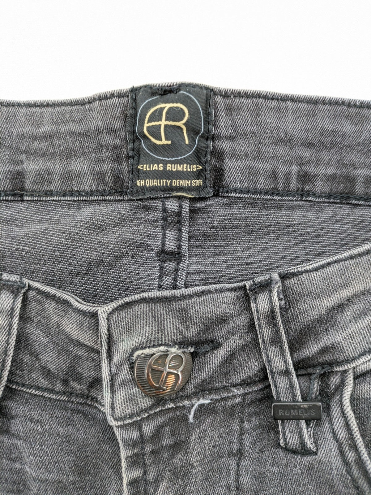 Elias Rumelis grey super slim fit jeans with stitched logo and subtle used look.