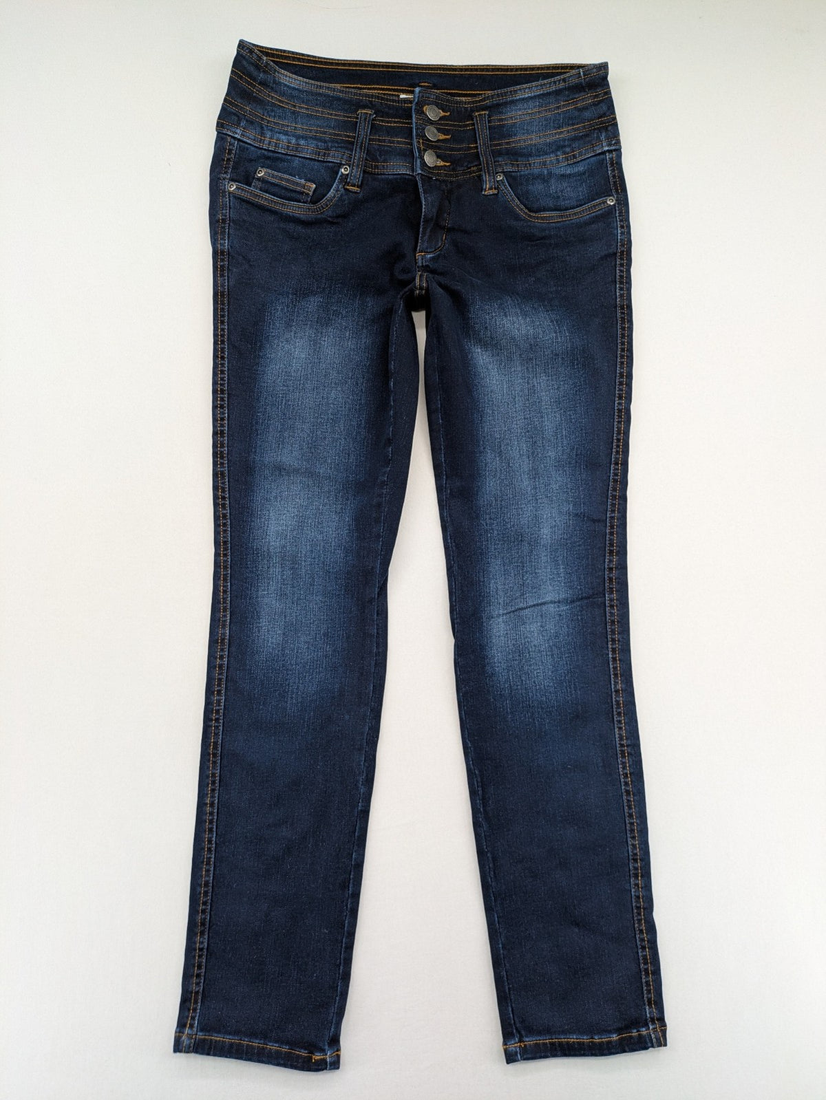 john baner blue high rise skinny jeans three-button fly subtle fading stretch denim