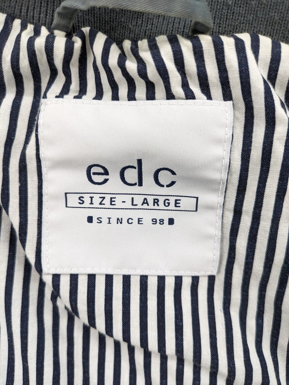 edc grey parka jacket with hood, adjustable drawstrings, and striped lining