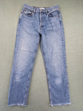 Re/Done blue straight jeans high rise with button fly and raw hem detail.