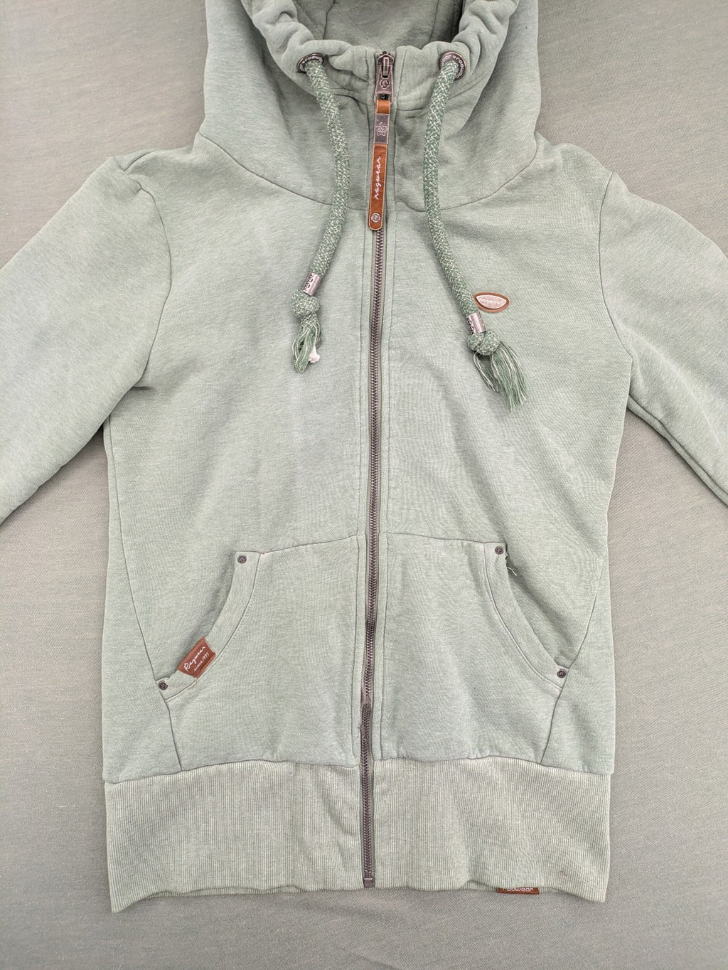 Ragwear grey hoodie jacket with high collar, thick drawstrings, and vegan materials.