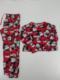 Disney loungewear set red and black with allover Mickey Mouse print and long sleeves.