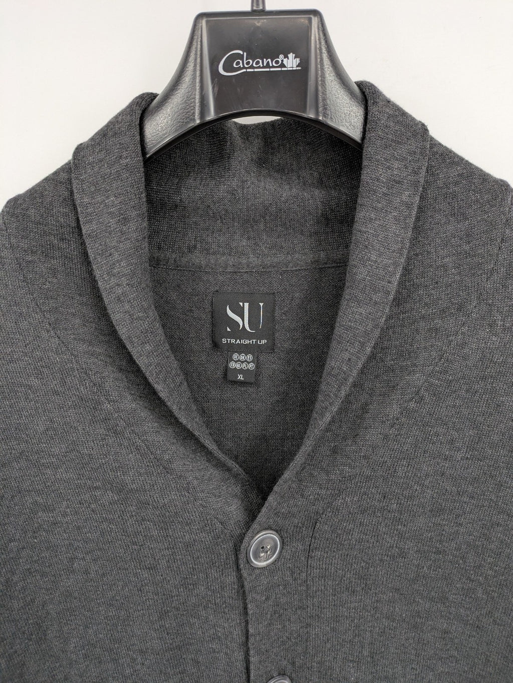 Straight Up grey cardigan with shawl collar, button front, soft cotton-acrylic blend.